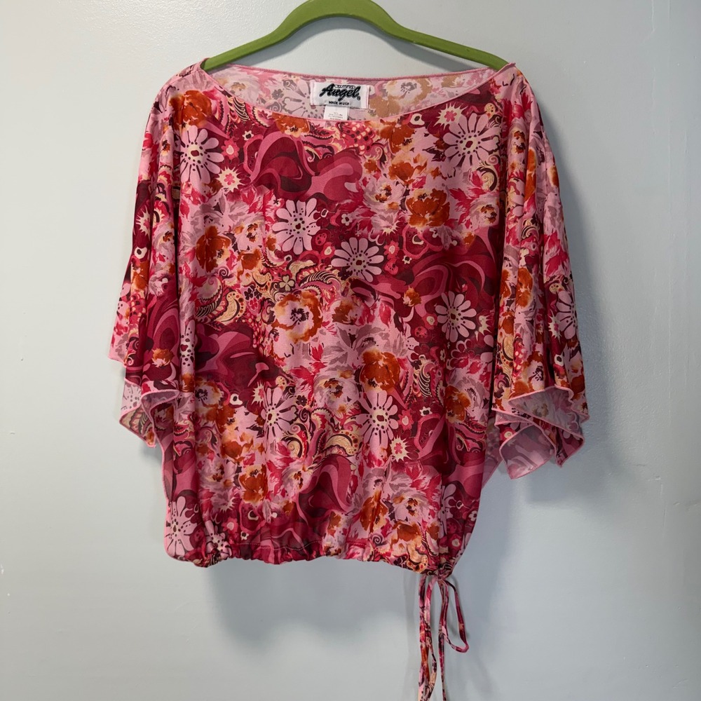 Certified Angel Pink Floral Paisley Whimsy Mesh Flutter Sleeve Tie Hem Blouse L